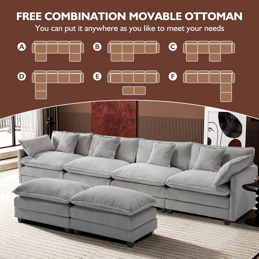 111.4 Inch L - Shaped Modern Sofa Modular Cloud Sofa with Ottoman, 4 - Seater Chenille Deep Seat Sofa with Pillows for Living Room, Bedroom and Apartment, Beige - Wigtrends