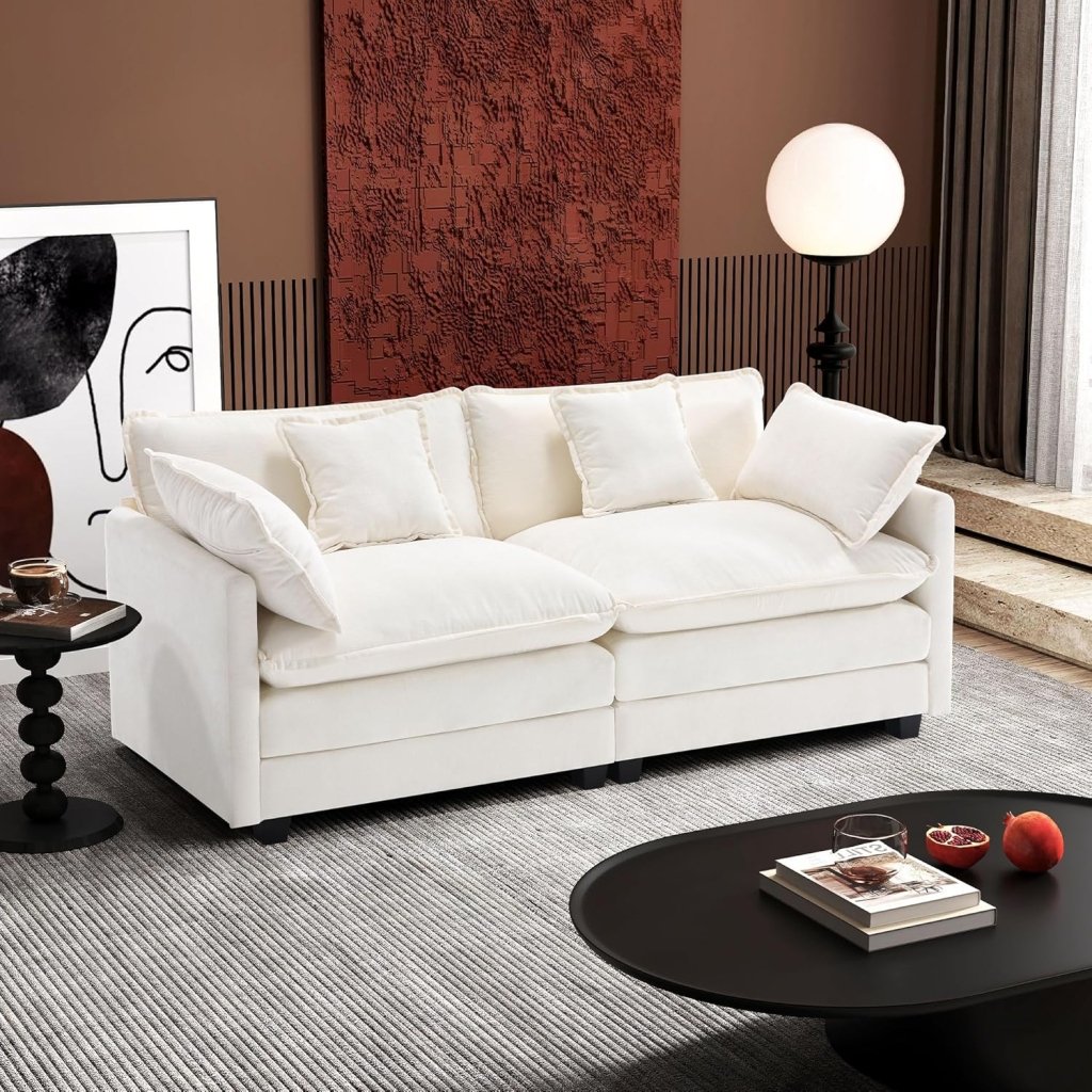 111.4 Inch L - Shaped Modern Sofa Modular Cloud Sofa with Ottoman, 4 - Seater Chenille Deep Seat Sofa with Pillows for Living Room, Bedroom and Apartment, Beige - Wigtrends