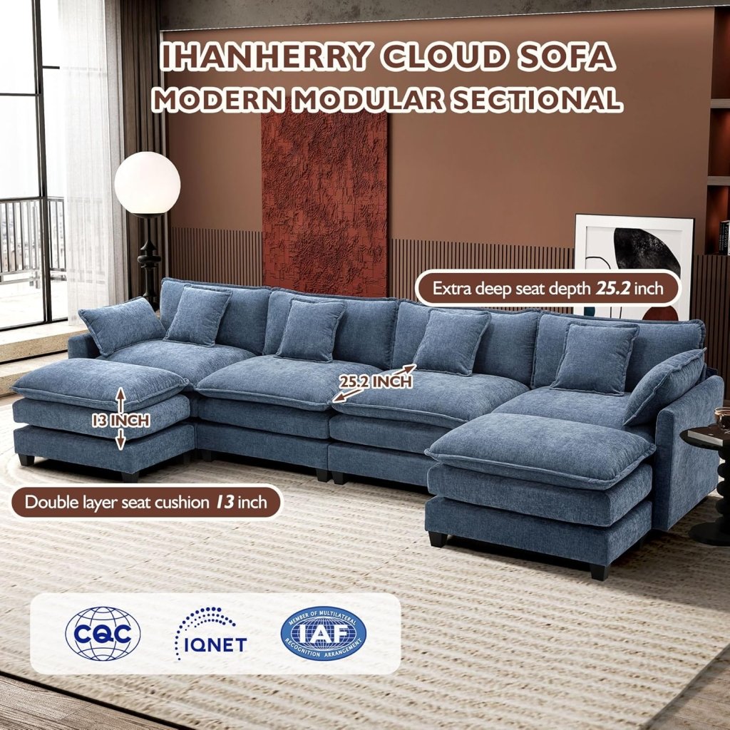 111.4 Inch L - Shaped Modern Sofa Modular Cloud Sofa with Ottoman, 4 - Seater Chenille Deep Seat Sofa with Pillows for Living Room, Bedroom and Apartment, Beige - Wigtrends