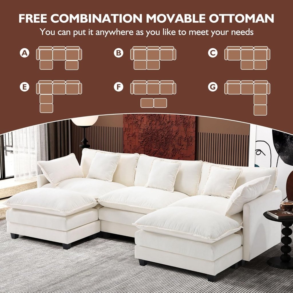 111.4 Inch L - Shaped Modern Sofa Modular Cloud Sofa with Ottoman, 4 - Seater Chenille Deep Seat Sofa with Pillows for Living Room, Bedroom and Apartment, Beige - Wigtrends
