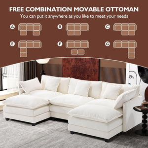 111.4 Inch L - Shaped Modern Sofa Modular Cloud Sofa with Ottoman, 4 - Seater Chenille Deep Seat Sofa with Pillows for Living Room, Bedroom and Apartment, Beige - Wigtrends