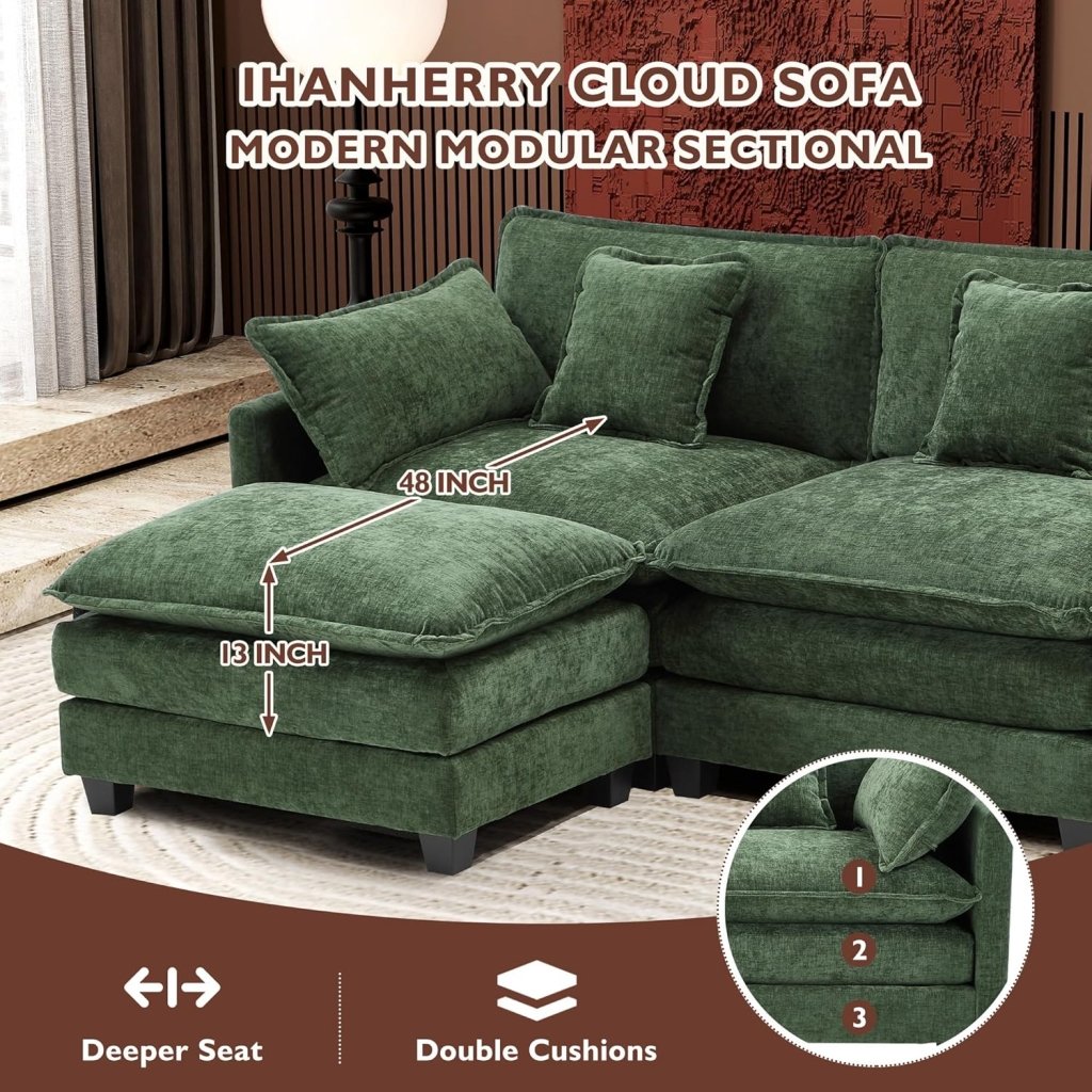 111.4 Inch L - Shaped Modern Sofa Modular Cloud Sofa with Ottoman, 4 - Seater Chenille Deep Seat Sofa with Pillows for Living Room, Bedroom and Apartment, Beige - Wigtrends