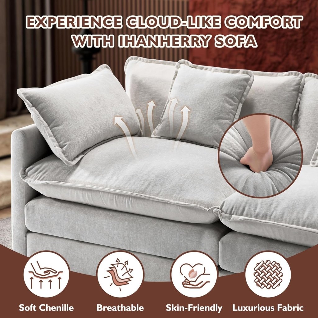 111.4 Inch L - Shaped Modern Sofa Modular Cloud Sofa with Ottoman, 4 - Seater Chenille Deep Seat Sofa with Pillows for Living Room, Bedroom and Apartment, Beige - Wigtrends