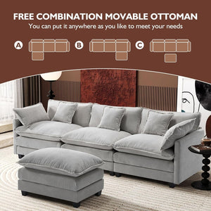 111.4 Inch L - Shaped Modern Sofa Modular Cloud Sofa with Ottoman, 4 - Seater Chenille Deep Seat Sofa with Pillows for Living Room, Bedroom and Apartment, Beige - Wigtrends