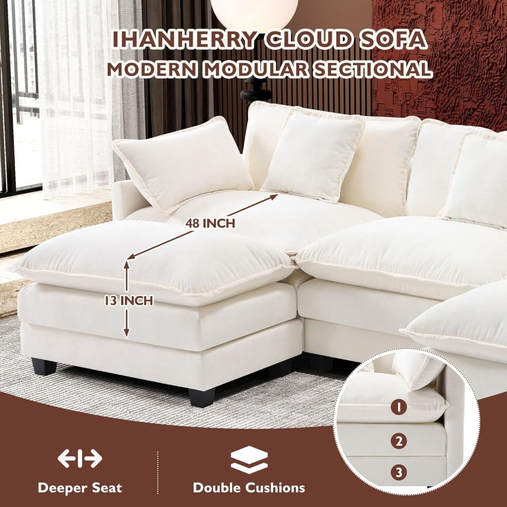 111.4 Inch L - Shaped Modern Sofa Modular Cloud Sofa with Ottoman, 4 - Seater Chenille Deep Seat Sofa with Pillows for Living Room, Bedroom and Apartment, Beige - Wigtrends