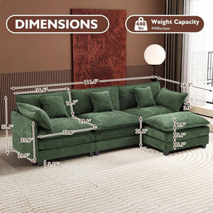 111.4 Inch L - Shaped Modern Sofa Modular Cloud Sofa with Ottoman, 4 - Seater Chenille Deep Seat Sofa with Pillows for Living Room, Bedroom and Apartment, Beige - Wigtrends