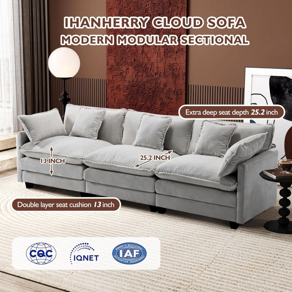 111.4 Inch L - Shaped Modern Sofa Modular Cloud Sofa with Ottoman, 4 - Seater Chenille Deep Seat Sofa with Pillows for Living Room, Bedroom and Apartment, Beige - Wigtrends