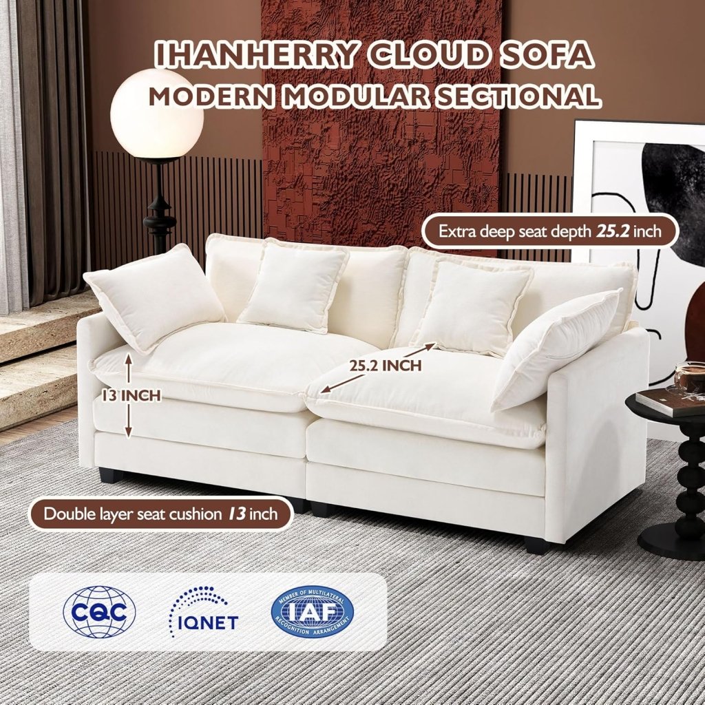 111.4 Inch L - Shaped Modern Sofa Modular Cloud Sofa with Ottoman, 4 - Seater Chenille Deep Seat Sofa with Pillows for Living Room, Bedroom and Apartment, Beige - Wigtrends