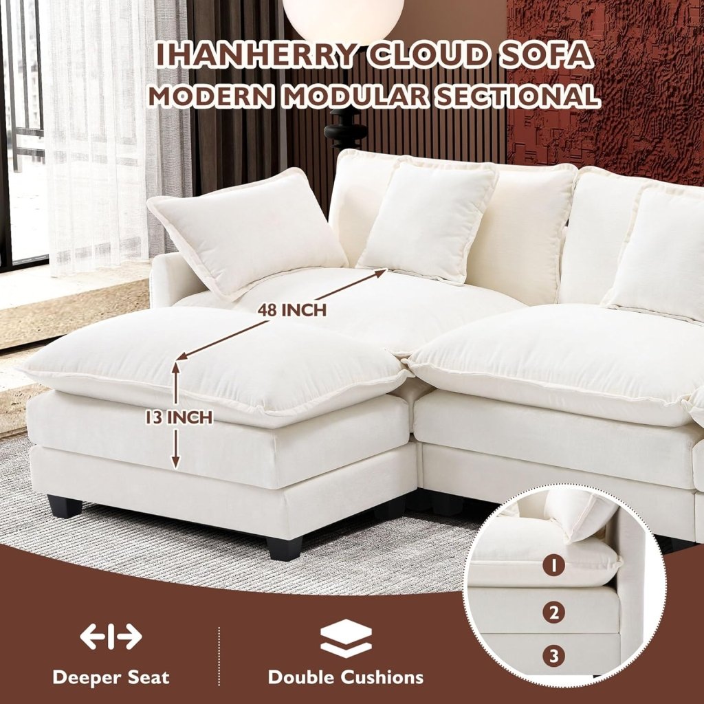 111.4 Inch L - Shaped Modern Sofa Modular Cloud Sofa with Ottoman, 4 - Seater Chenille Deep Seat Sofa with Pillows for Living Room, Bedroom and Apartment, Beige - Wigtrends
