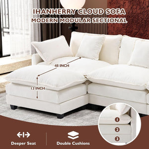 111.4 Inch L - Shaped Modern Sofa Modular Cloud Sofa with Ottoman, 4 - Seater Chenille Deep Seat Sofa with Pillows for Living Room, Bedroom and Apartment, Beige - Wigtrends
