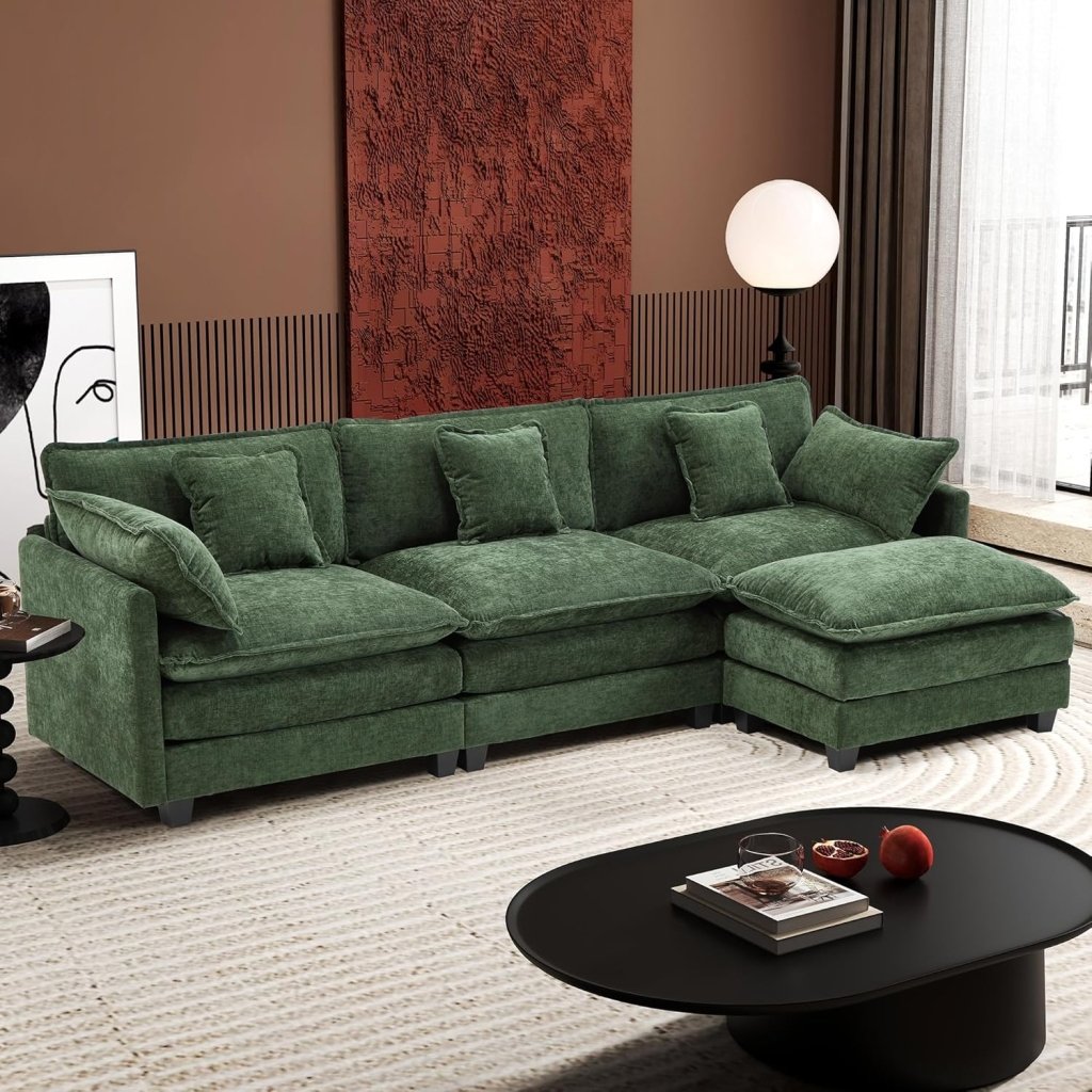 111.4 Inch L - Shaped Modern Sofa Modular Cloud Sofa with Ottoman, 4 - Seater Chenille Deep Seat Sofa with Pillows for Living Room, Bedroom and Apartment, Beige - Wigtrends