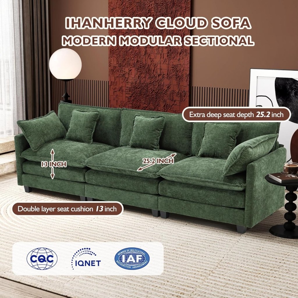 111.4 Inch L - Shaped Modern Sofa Modular Cloud Sofa with Ottoman, 4 - Seater Chenille Deep Seat Sofa with Pillows for Living Room, Bedroom and Apartment, Beige - Wigtrends