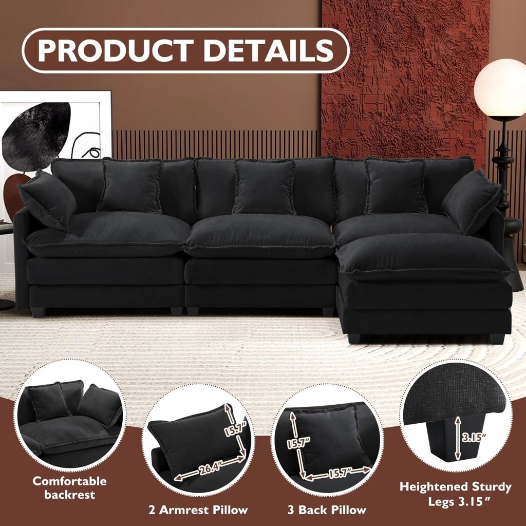 111.4 Inch L - Shaped Modern Sofa Modular Cloud Sofa with Ottoman, 4 - Seater Chenille Deep Seat Sofa with Pillows for Living Room, Bedroom and Apartment, Beige - Wigtrends