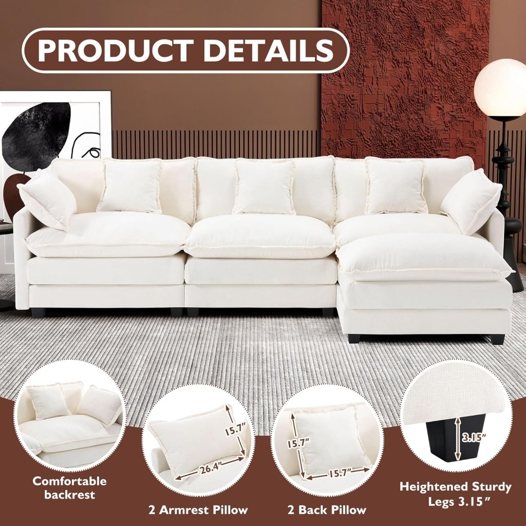 111.4 Inch L - Shaped Modern Sofa Modular Cloud Sofa with Ottoman, 4 - Seater Chenille Deep Seat Sofa with Pillows for Living Room, Bedroom and Apartment, Beige - Wigtrends