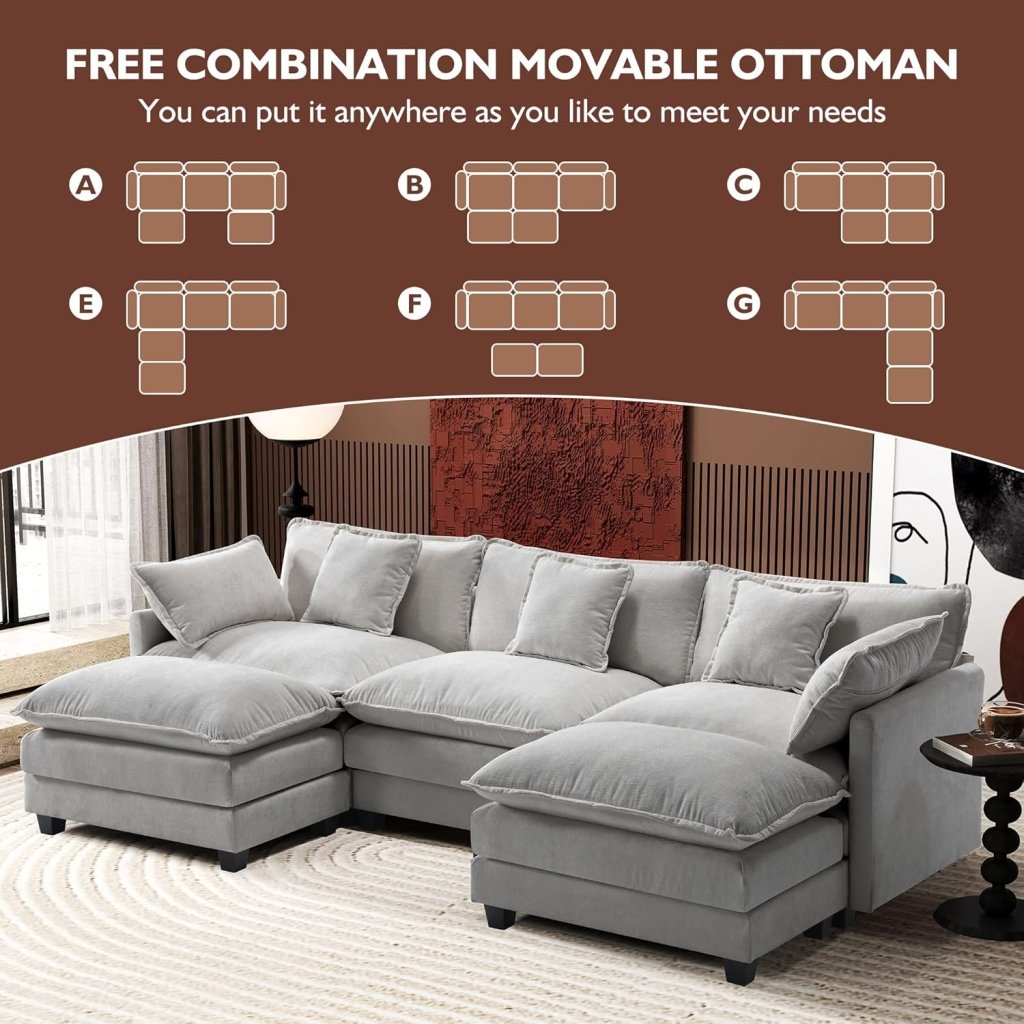 111.4 Inch L - Shaped Modern Sofa Modular Cloud Sofa with Ottoman, 4 - Seater Chenille Deep Seat Sofa with Pillows for Living Room, Bedroom and Apartment, Beige - Wigtrends