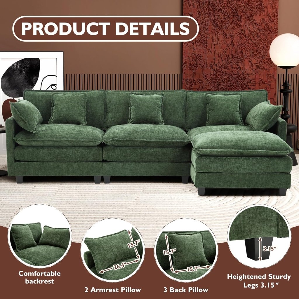 111.4 Inch L - Shaped Modern Sofa Modular Cloud Sofa with Ottoman, 4 - Seater Chenille Deep Seat Sofa with Pillows for Living Room, Bedroom and Apartment, Beige - Wigtrends