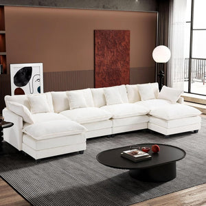111.4 Inch L - Shaped Modern Sofa Modular Cloud Sofa with Ottoman, 4 - Seater Chenille Deep Seat Sofa with Pillows for Living Room, Bedroom and Apartment, Beige - Wigtrends