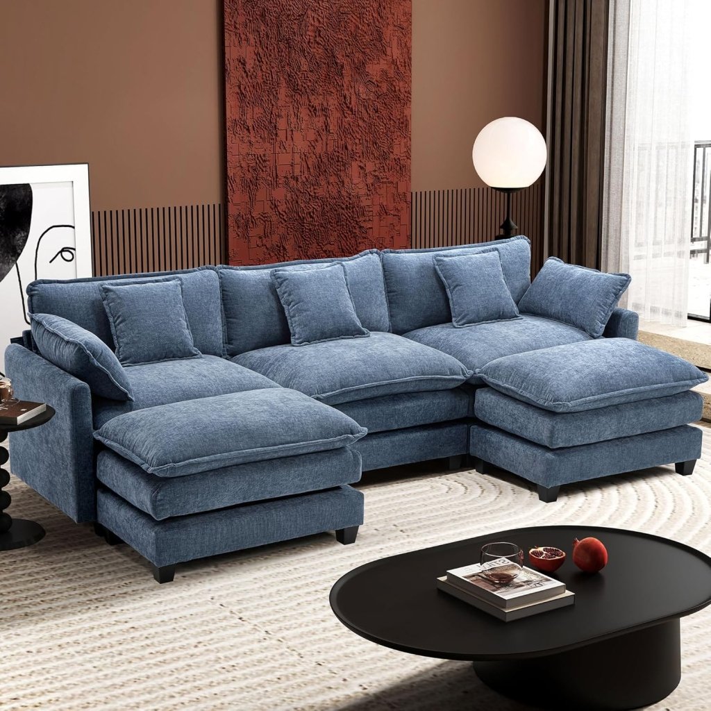 111.4 Inch L - Shaped Modern Sofa Modular Cloud Sofa with Ottoman, 4 - Seater Chenille Deep Seat Sofa with Pillows for Living Room, Bedroom and Apartment, Beige - Wigtrends
