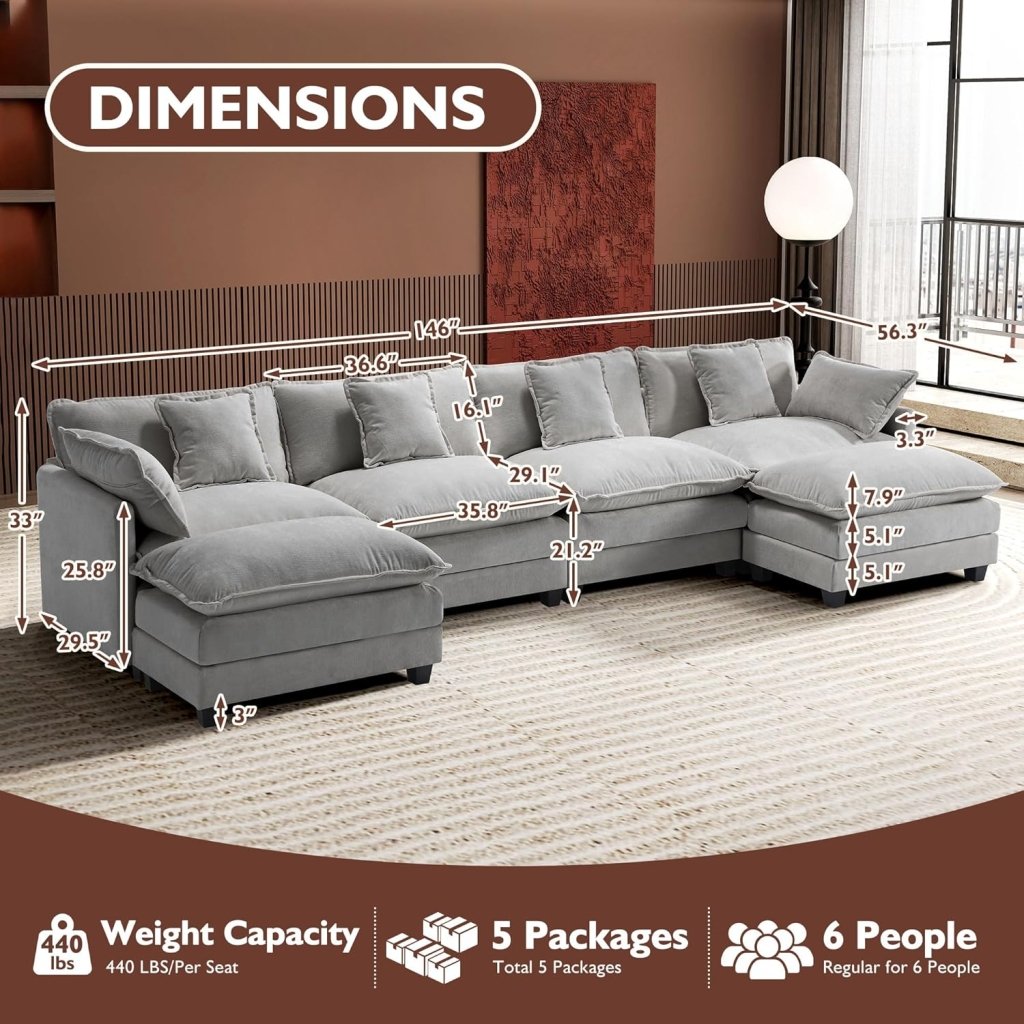 111.4 Inch L - Shaped Modern Sofa Modular Cloud Sofa with Ottoman, 4 - Seater Chenille Deep Seat Sofa with Pillows for Living Room, Bedroom and Apartment, Beige - Wigtrends