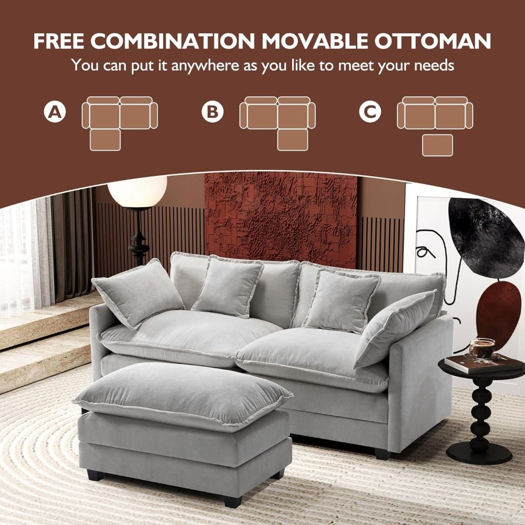 111.4 Inch L - Shaped Modern Sofa Modular Cloud Sofa with Ottoman, 4 - Seater Chenille Deep Seat Sofa with Pillows for Living Room, Bedroom and Apartment, Beige - Wigtrends
