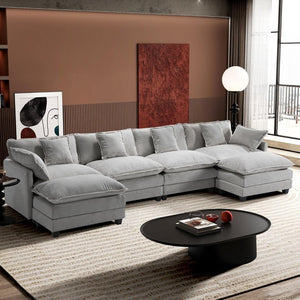 111.4 Inch L - Shaped Modern Sofa Modular Cloud Sofa with Ottoman, 4 - Seater Chenille Deep Seat Sofa with Pillows for Living Room, Bedroom and Apartment, Beige - Wigtrends