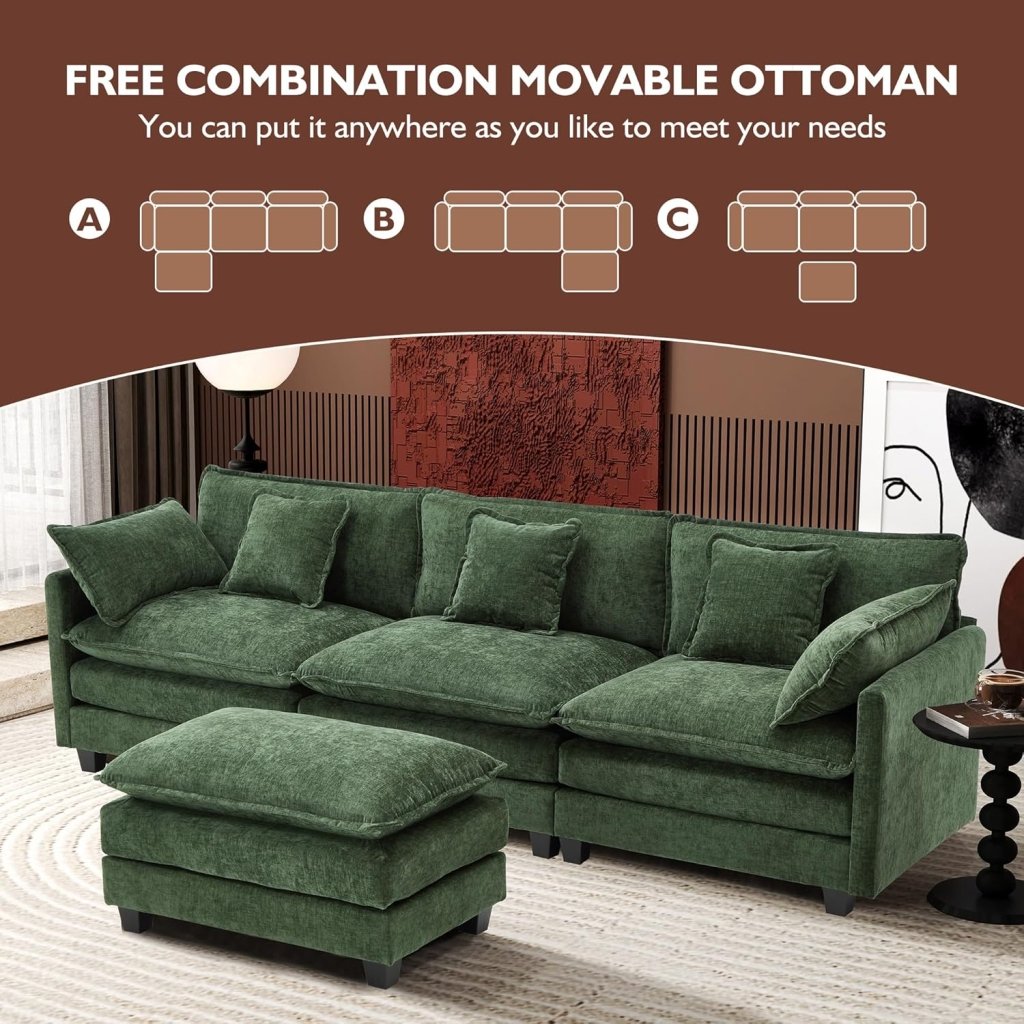 111.4 Inch L - Shaped Modern Sofa Modular Cloud Sofa with Ottoman, 4 - Seater Chenille Deep Seat Sofa with Pillows for Living Room, Bedroom and Apartment, Beige - Wigtrends