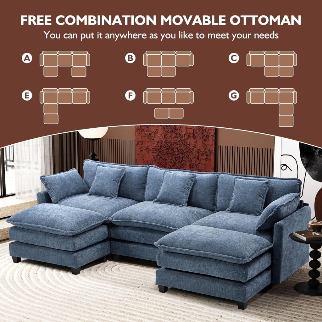 111.4 Inch L - Shaped Modern Sofa Modular Cloud Sofa with Ottoman, 4 - Seater Chenille Deep Seat Sofa with Pillows for Living Room, Bedroom and Apartment, Beige - Wigtrends