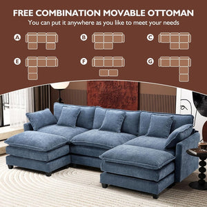 111.4 Inch L - Shaped Modern Sofa Modular Cloud Sofa with Ottoman, 4 - Seater Chenille Deep Seat Sofa with Pillows for Living Room, Bedroom and Apartment, Beige - Wigtrends