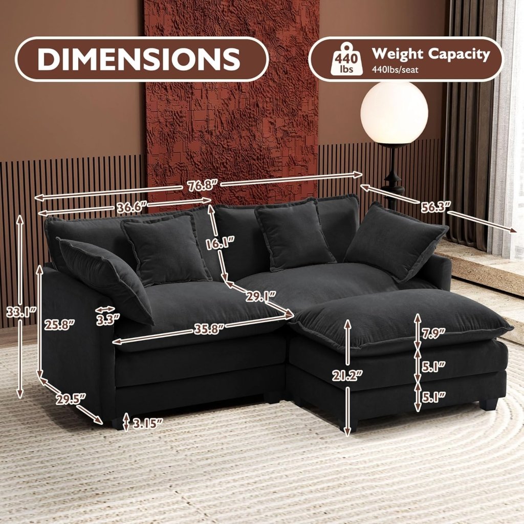 111.4 Inch L - Shaped Modern Sofa Modular Cloud Sofa with Ottoman, 4 - Seater Chenille Deep Seat Sofa with Pillows for Living Room, Bedroom and Apartment, Beige - Wigtrends