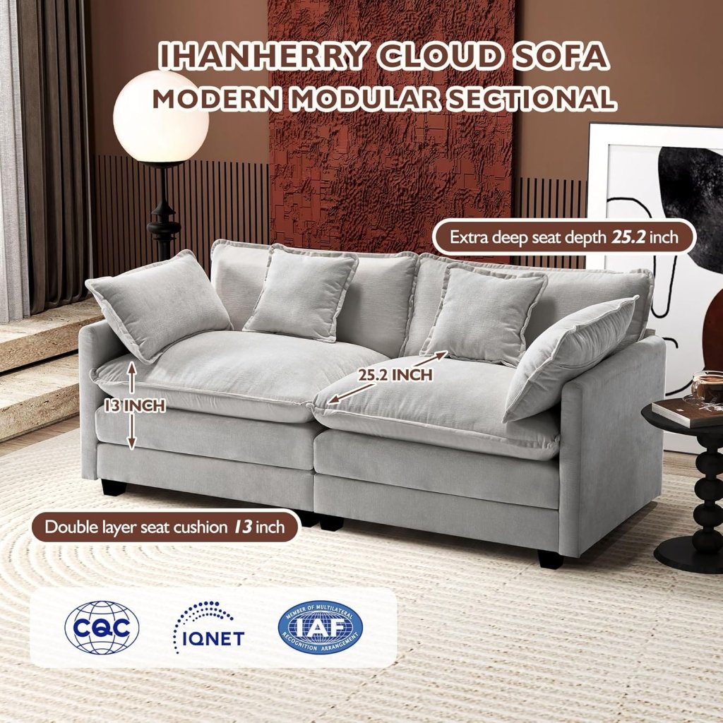 111.4 Inch L - Shaped Modern Sofa Modular Cloud Sofa with Ottoman, 4 - Seater Chenille Deep Seat Sofa with Pillows for Living Room, Bedroom and Apartment, Beige - Wigtrends