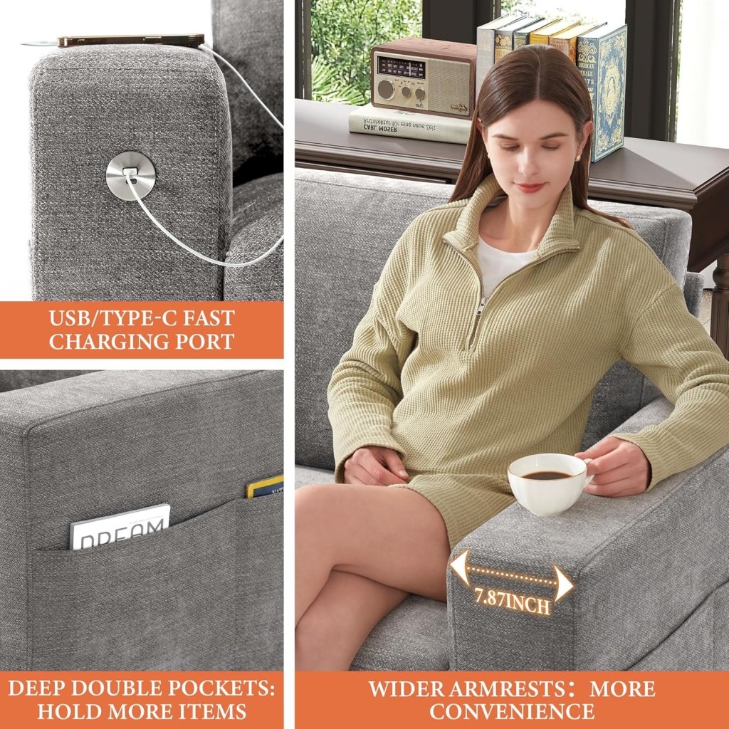 111.4 Inch L - Shaped Modern Sofa Modular Cloud Sofa with Ottoman, 4 - Seater Chenille Deep Seat Sofa with Pillows for Living Room, Bedroom and Apartment, Beige - Wigtrends
