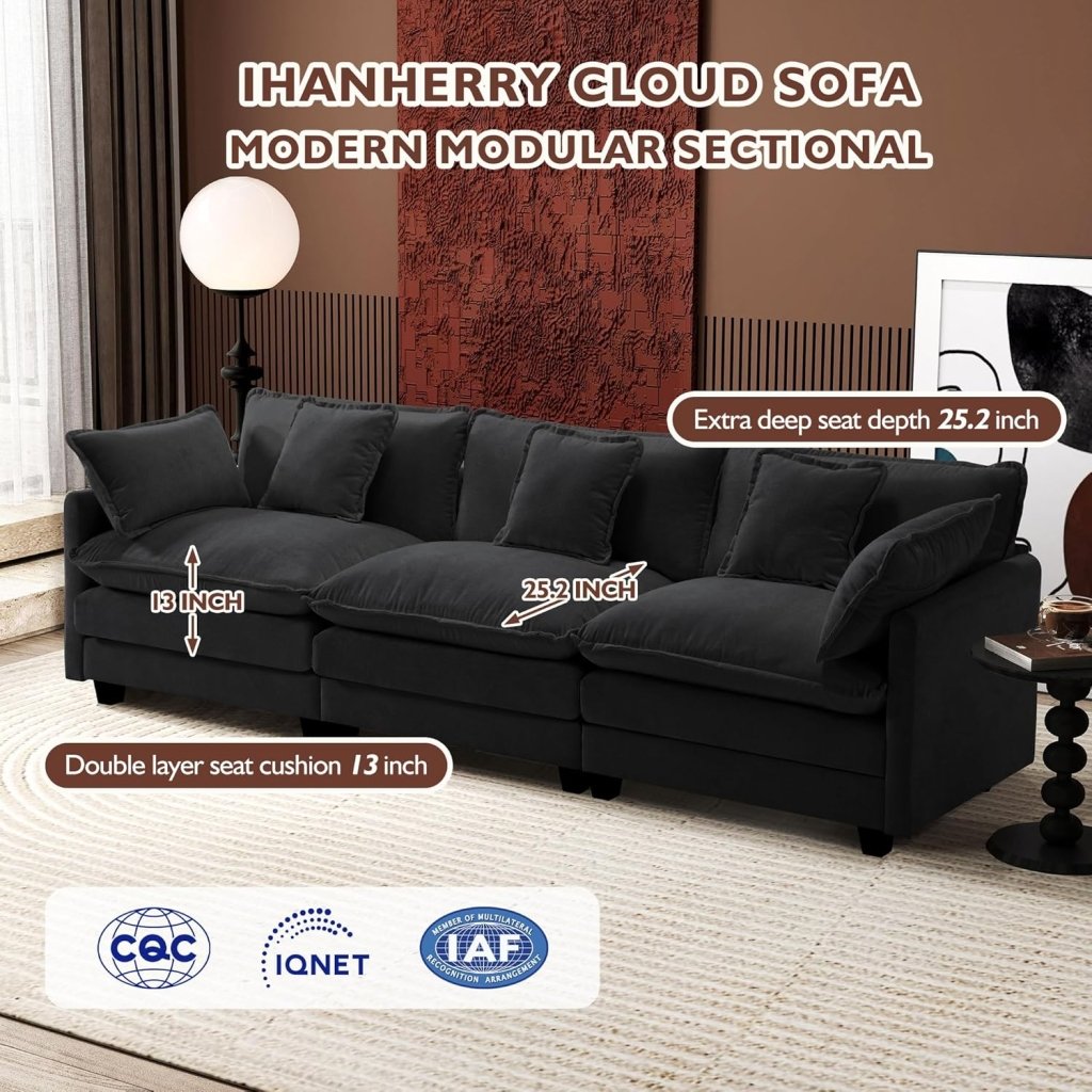 111.4 Inch L - Shaped Modern Sofa Modular Cloud Sofa with Ottoman, 4 - Seater Chenille Deep Seat Sofa with Pillows for Living Room, Bedroom and Apartment, Beige - Wigtrends