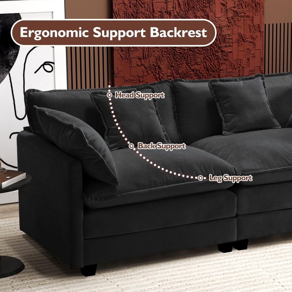 111.4 Inch L - Shaped Modern Sofa Modular Cloud Sofa with Ottoman, 4 - Seater Chenille Deep Seat Sofa with Pillows for Living Room, Bedroom and Apartment, Beige - Wigtrends