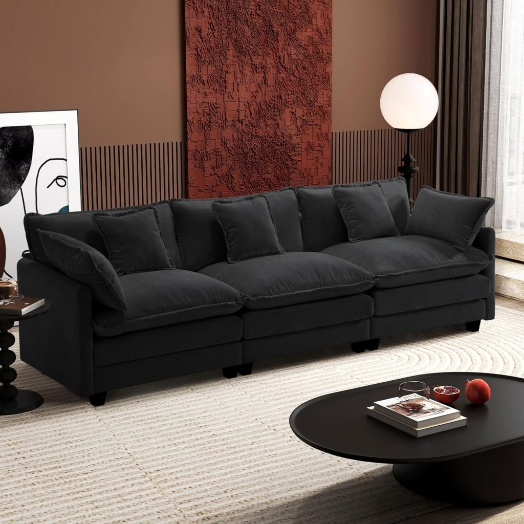 111.4 Inch L - Shaped Modern Sofa Modular Cloud Sofa with Ottoman, 4 - Seater Chenille Deep Seat Sofa with Pillows for Living Room, Bedroom and Apartment, Beige - Wigtrends