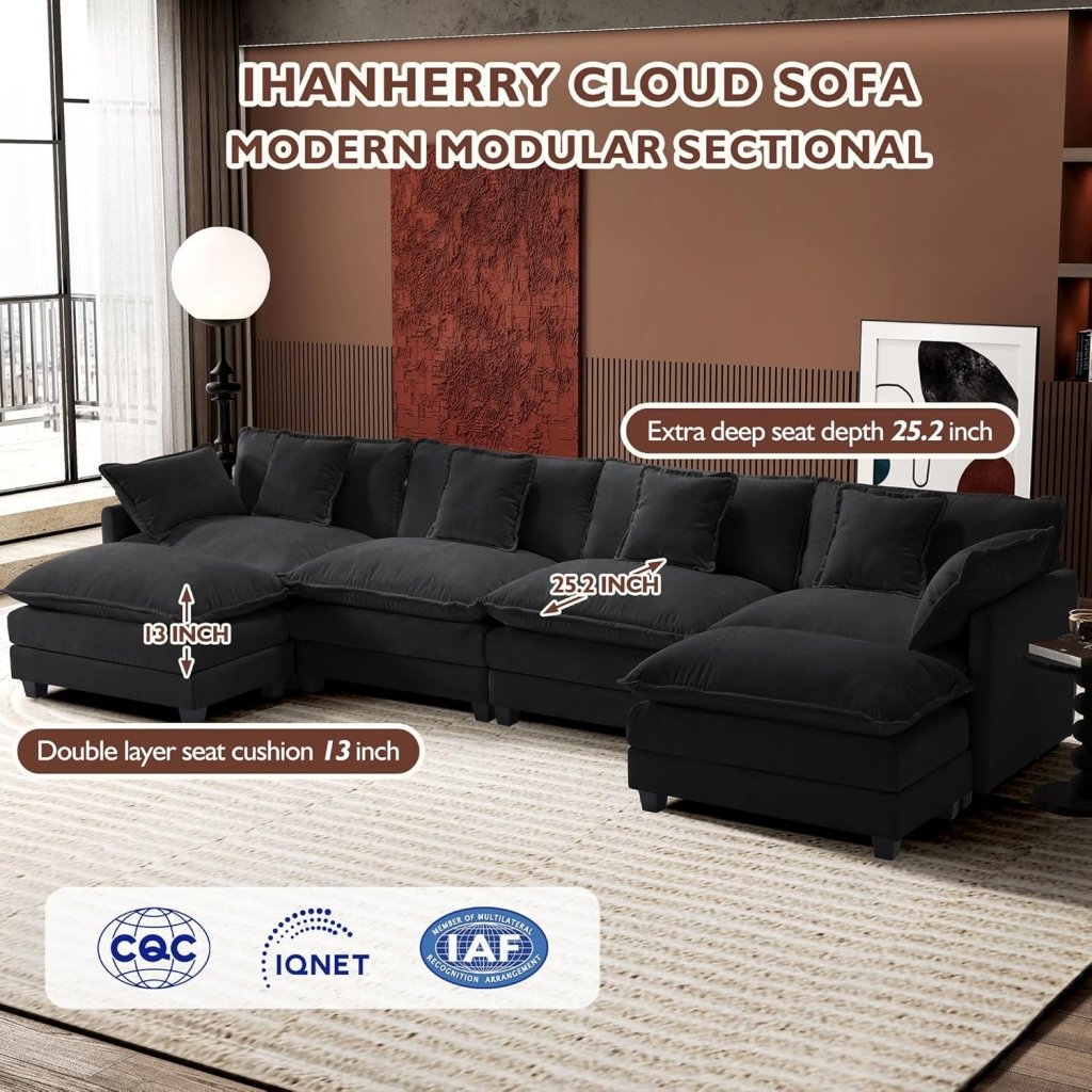 111.4 Inch L - Shaped Modern Sofa Modular Cloud Sofa with Ottoman, 4 - Seater Chenille Deep Seat Sofa with Pillows for Living Room, Bedroom and Apartment, Beige - Wigtrends