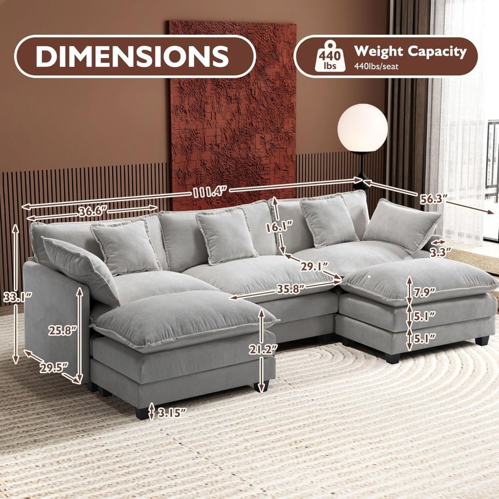 111.4 Inch L - Shaped Modern Sofa Modular Cloud Sofa with Ottoman, 4 - Seater Chenille Deep Seat Sofa with Pillows for Living Room, Bedroom and Apartment, Beige - Wigtrends