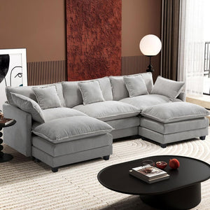 111.4 Inch L - Shaped Modern Sofa Modular Cloud Sofa with Ottoman, 4 - Seater Chenille Deep Seat Sofa with Pillows for Living Room, Bedroom and Apartment, Beige - Wigtrends