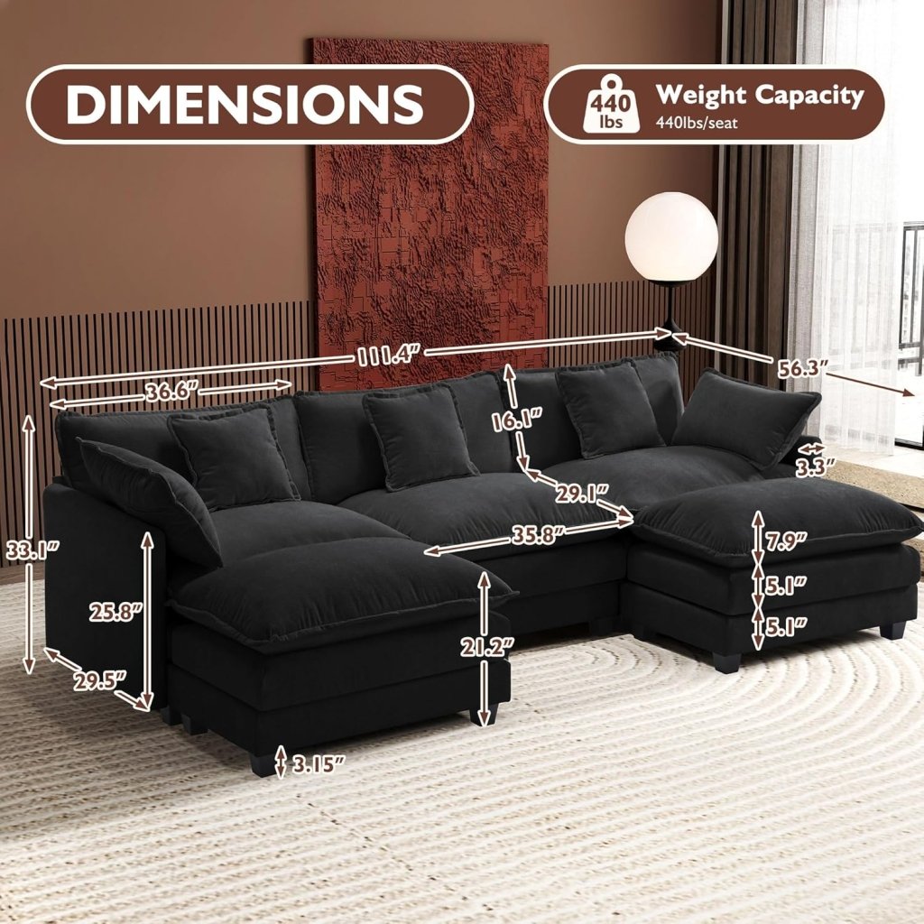 111.4 Inch L - Shaped Modern Sofa Modular Cloud Sofa with Ottoman, 4 - Seater Chenille Deep Seat Sofa with Pillows for Living Room, Bedroom and Apartment, Beige - Wigtrends
