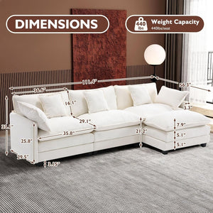 111.4 Inch L - Shaped Modern Sofa Modular Cloud Sofa with Ottoman, 4 - Seater Chenille Deep Seat Sofa with Pillows for Living Room, Bedroom and Apartment, Beige - Wigtrends