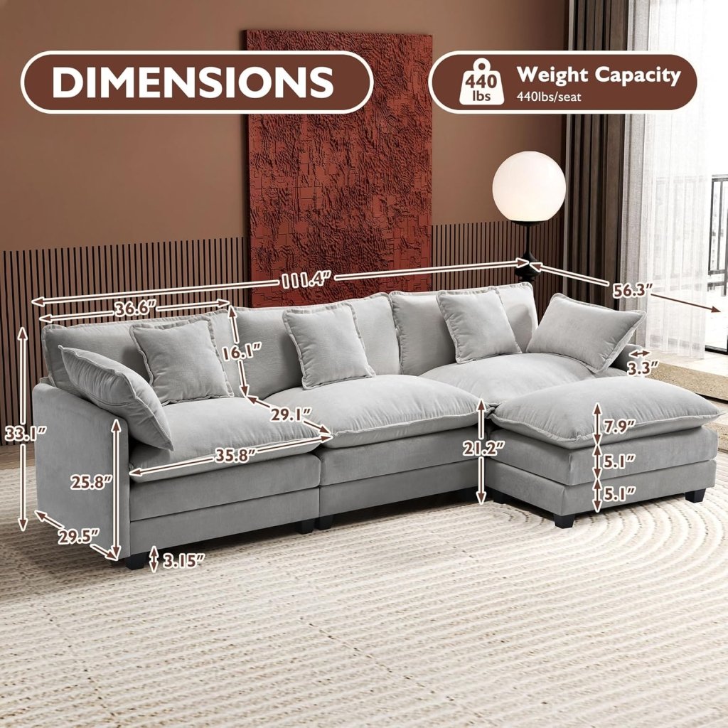 111.4 Inch L - Shaped Modern Sofa Modular Cloud Sofa with Ottoman, 4 - Seater Chenille Deep Seat Sofa with Pillows for Living Room, Bedroom and Apartment, Beige - Wigtrends