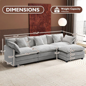 111.4 Inch L - Shaped Modern Sofa Modular Cloud Sofa with Ottoman, 4 - Seater Chenille Deep Seat Sofa with Pillows for Living Room, Bedroom and Apartment, Beige - Wigtrends