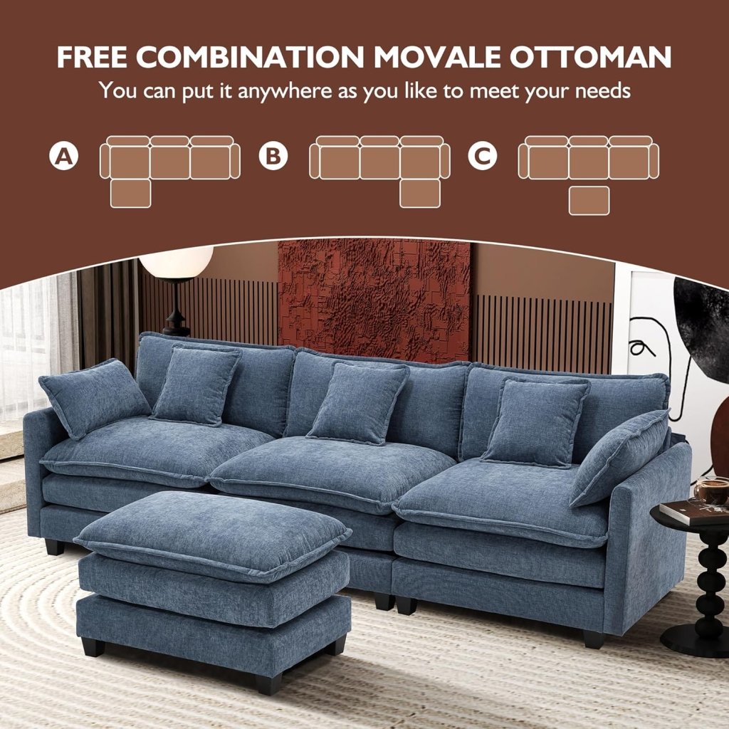 111.4 Inch L - Shaped Modern Sofa Modular Cloud Sofa with Ottoman, 4 - Seater Chenille Deep Seat Sofa with Pillows for Living Room, Bedroom and Apartment, Beige - Wigtrends