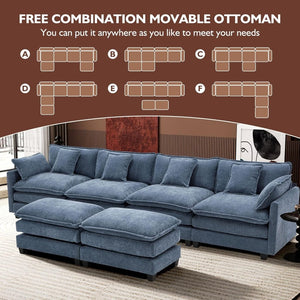 111.4 Inch L - Shaped Modern Sofa Modular Cloud Sofa with Ottoman, 4 - Seater Chenille Deep Seat Sofa with Pillows for Living Room, Bedroom and Apartment, Beige - Wigtrends