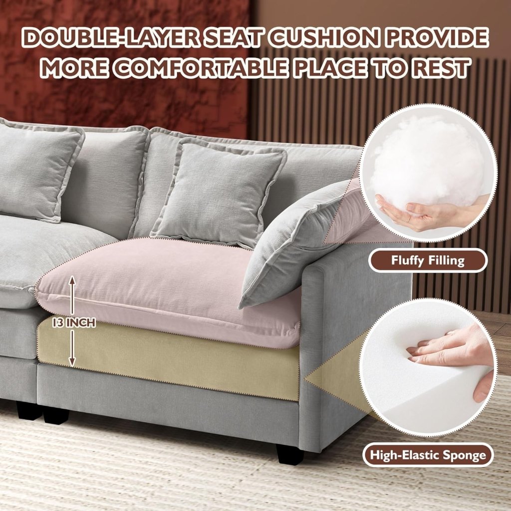 111.4 Inch L - Shaped Modern Sofa Modular Cloud Sofa with Ottoman, 4 - Seater Chenille Deep Seat Sofa with Pillows for Living Room, Bedroom and Apartment, Beige - Wigtrends