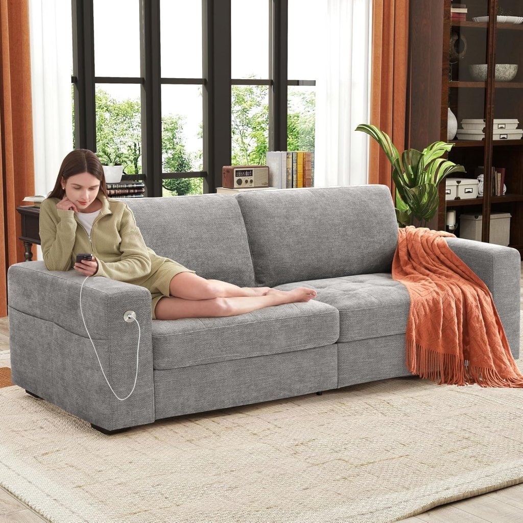 111.4 Inch L - Shaped Modern Sofa Modular Cloud Sofa with Ottoman, 4 - Seater Chenille Deep Seat Sofa with Pillows for Living Room, Bedroom and Apartment, Beige - Wigtrends