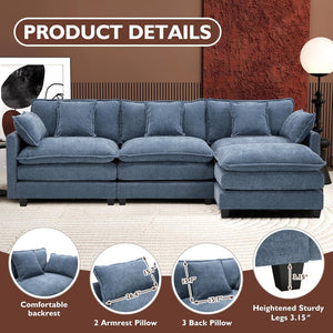 111.4 Inch L - Shaped Modern Sofa Modular Cloud Sofa with Ottoman, 4 - Seater Chenille Deep Seat Sofa with Pillows for Living Room, Bedroom and Apartment, Beige - Wigtrends