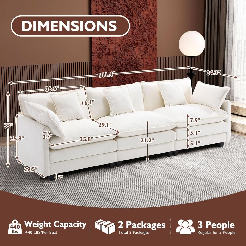 111.4 Inch L - Shaped Modern Sofa Modular Cloud Sofa with Ottoman, 4 - Seater Chenille Deep Seat Sofa with Pillows for Living Room, Bedroom and Apartment, Beige - Wigtrends