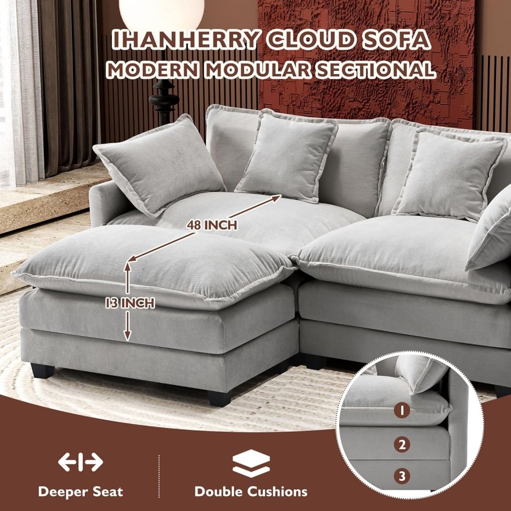 111.4 Inch L - Shaped Modern Sofa Modular Cloud Sofa with Ottoman, 4 - Seater Chenille Deep Seat Sofa with Pillows for Living Room, Bedroom and Apartment, Beige - Wigtrends