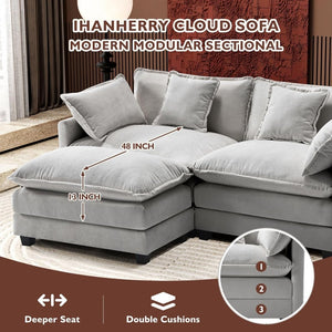 111.4 Inch L - Shaped Modern Sofa Modular Cloud Sofa with Ottoman, 4 - Seater Chenille Deep Seat Sofa with Pillows for Living Room, Bedroom and Apartment, Beige - Wigtrends