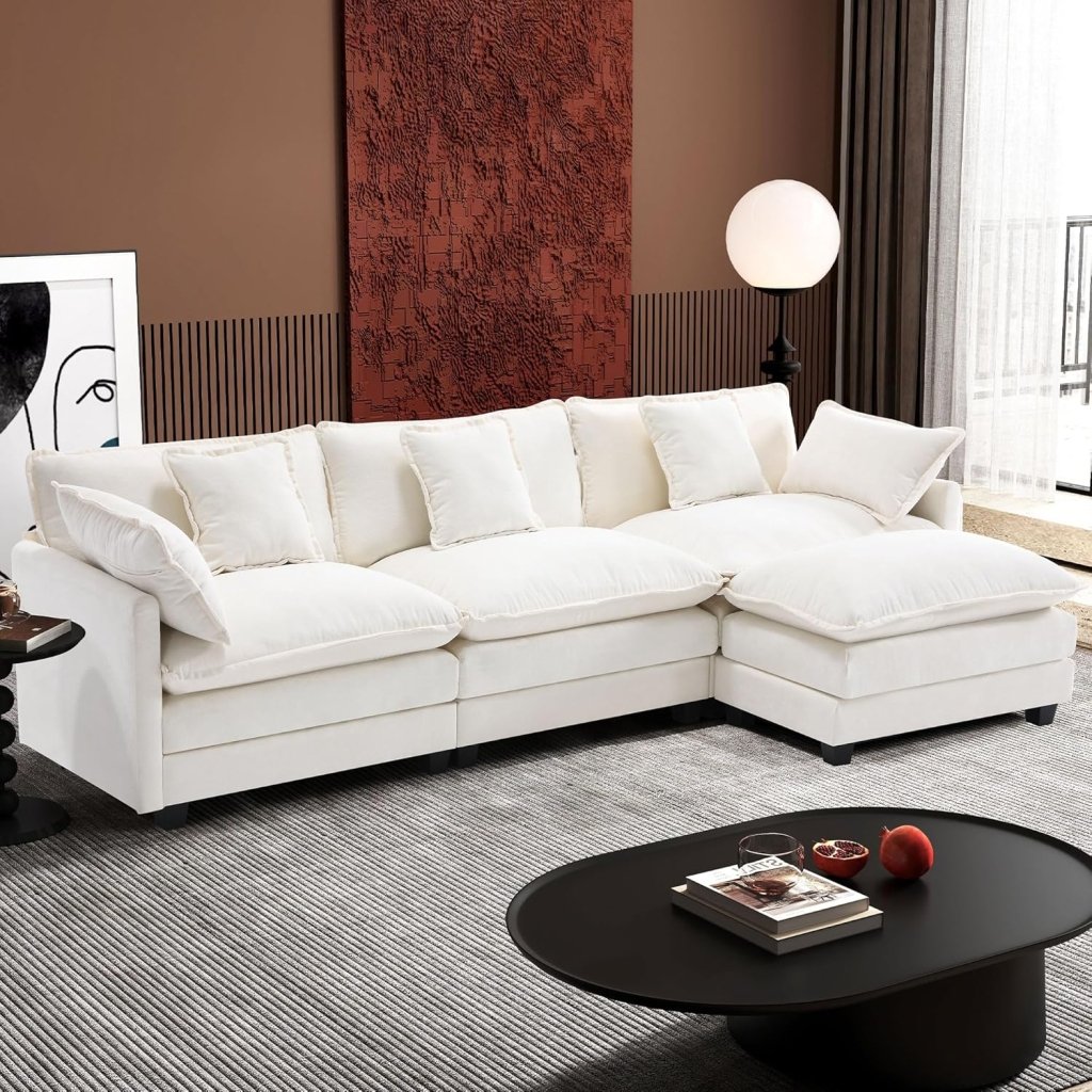 111.4 Inch L - Shaped Modern Sofa Modular Cloud Sofa with Ottoman, 4 - Seater Chenille Deep Seat Sofa with Pillows for Living Room, Bedroom and Apartment, Beige - Wigtrends